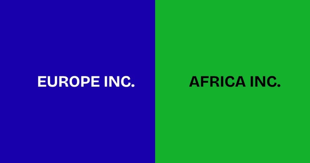Minimal split-screen cover image with a blue left half reading “EUROPE INC.” in white bold text and a green right half reading “AFRICA INC.” in black bold text, symbolising a comparison between Europe’s new unified business framework and the possibility of an African equivalent.