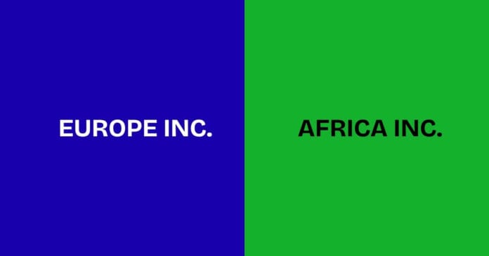 Minimal split-screen cover image with a blue left half reading “EUROPE INC.” in white bold text and a green right half reading “AFRICA INC.” in black bold text, symbolising a comparison between Europe’s new unified business framework and the possibility of an African equivalent.
