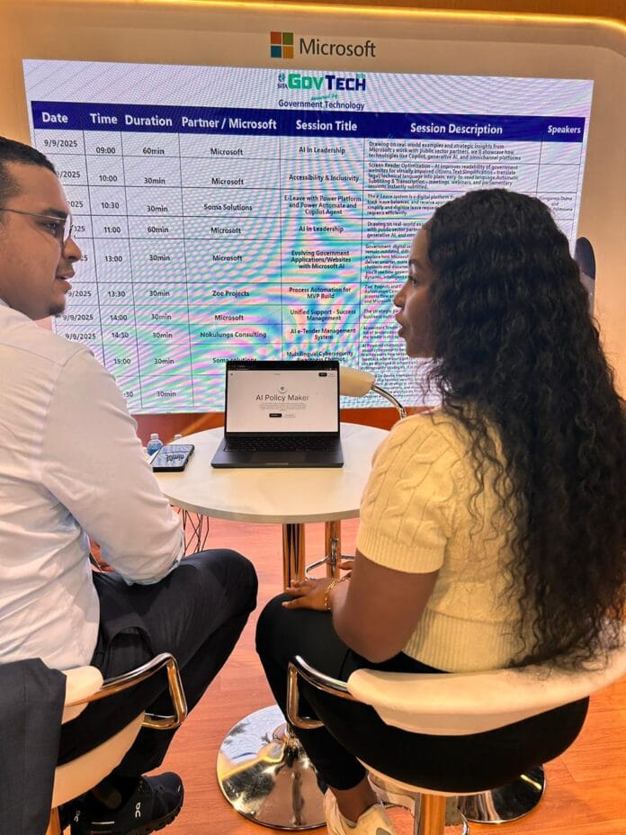 The National Youth ICT Council south Africa CEO:Ms Kemoneiloe Phatoli showcasing the Demo of AI policy Maker Platform during GovTech 2025 in Durban