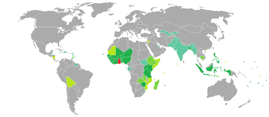 Ghana’s Visa-Free Policy For Africans: What you need to know! 1 World map showing visa requirements for Ghanaian citizens, with countries color-coded for visa-free access, visa on arrival, eVisa, visa on arrival or online visa, and visa required.
