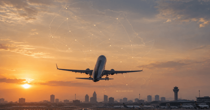 Commercial aircraft taking off from an African airport at sunrise, with a faint map of Africa and route lines overlaid in the sky to symbolize continental air connectivity.