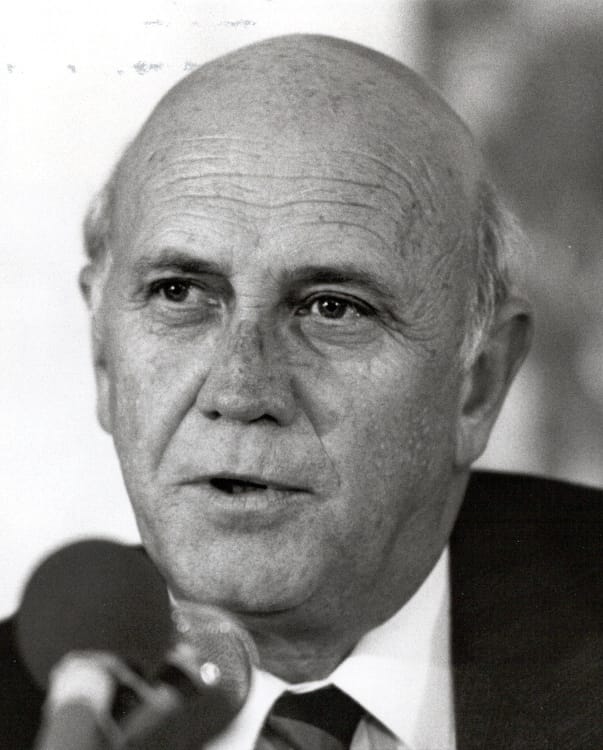 All African Nobel Prize Winners 13 Frederik Willem de Klerk, President of South Africa 1989–1994, visiting Switzerland 1990. By Library Am Guisanplatz (de), Collection Rutishauser, CC BY-SA 4.0, https://commons.wikimedia.org/w/index.php?curid=74185686